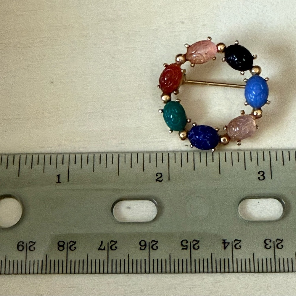 Multicolor Scarab Circle Pin Brooch - Gold Tone